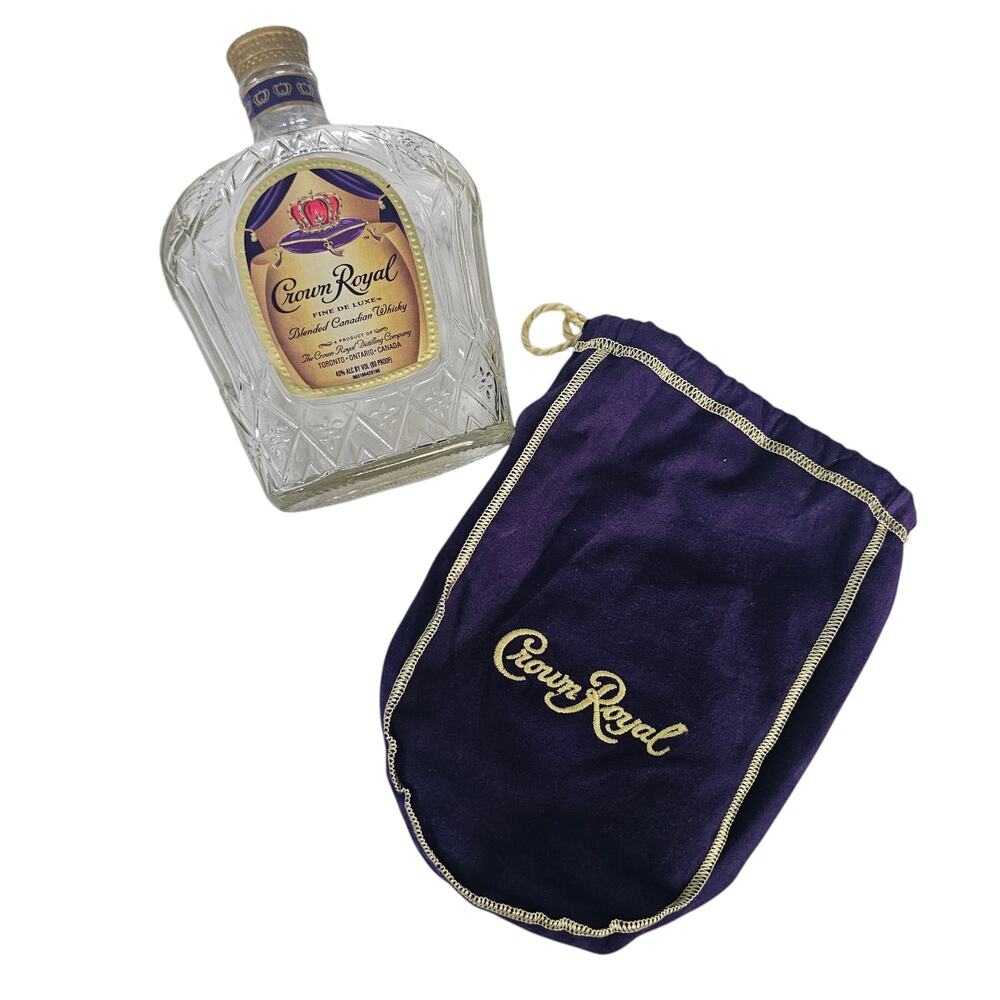 Crown Royal Empty Glass Bottle and Purple Bag Bundle